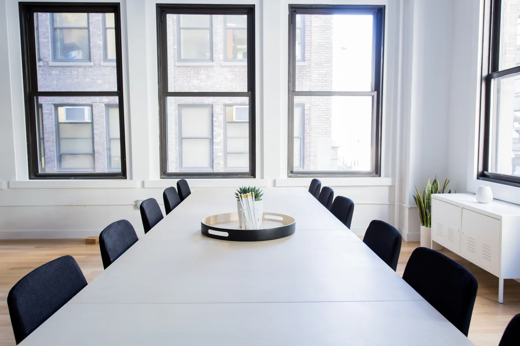 Bright meeting room with a long table and tall windows